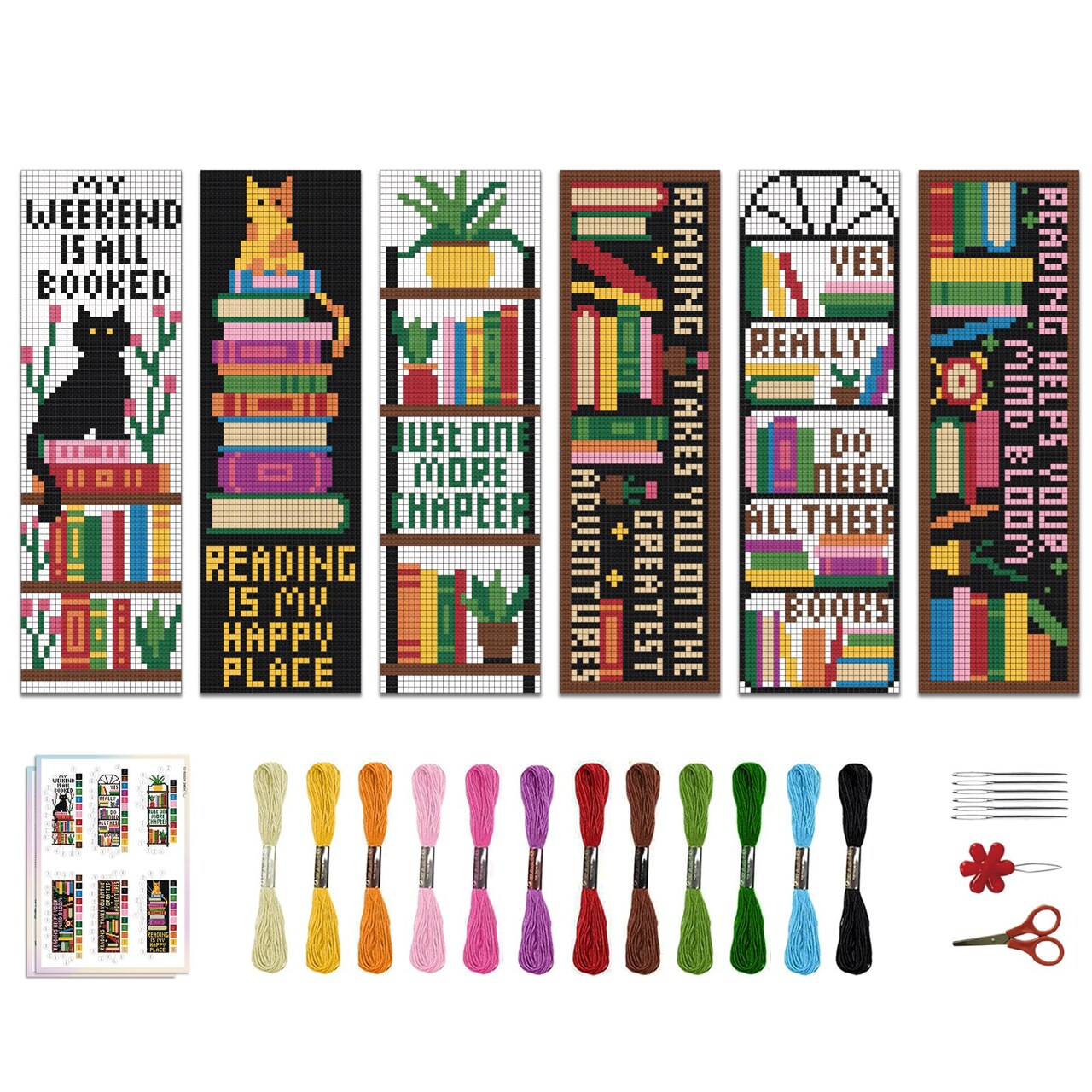 6PCS Cross Stitch Bookmark Kits Bookshelves Words Pattern Counted Cross Stitch Kits for Beginners Adults DIY Stamped Embroidery Bookmarks with Instructions Hand Embroidery Craft Gift